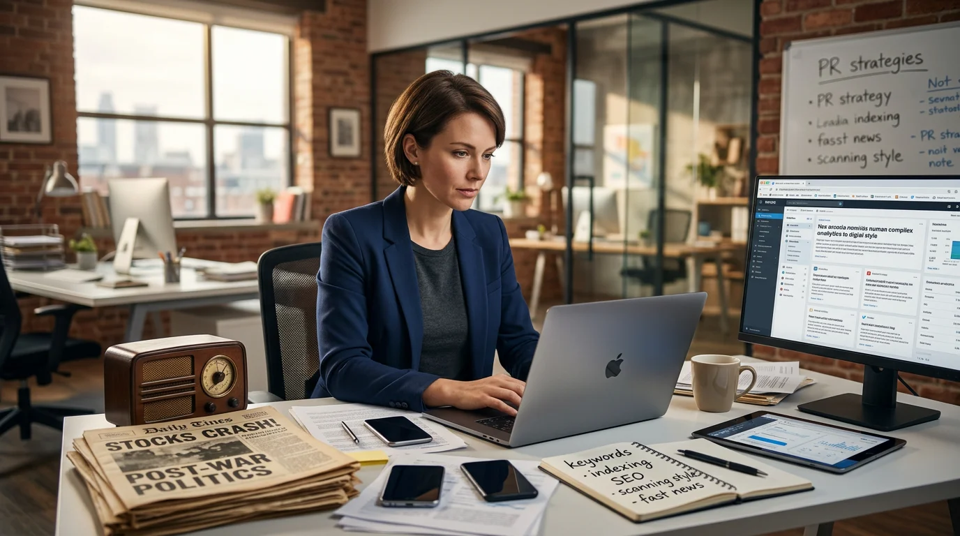 Image of a young woman intently reading a newspaper with historical headlines, illustrating press release evolution