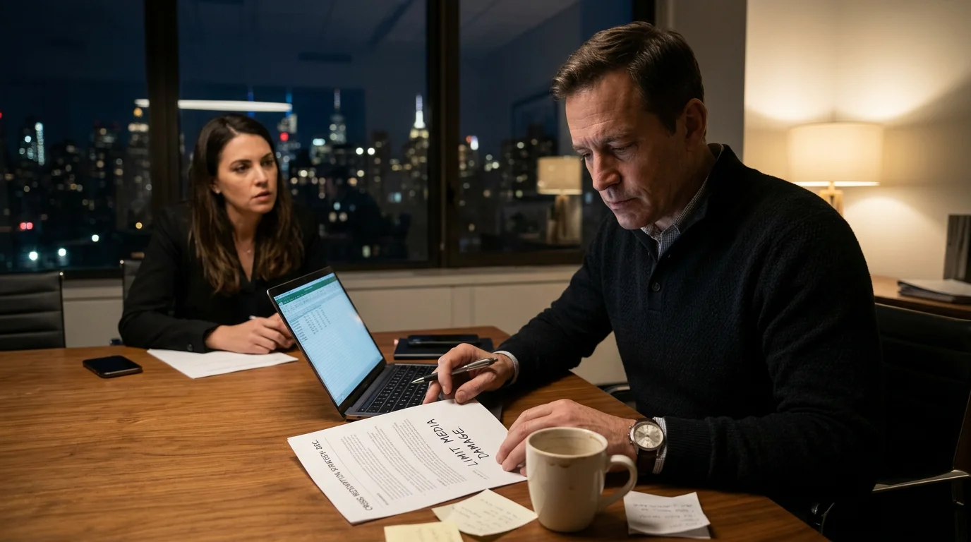 A person works late in a busy office, highlighting the demanding world of PR
