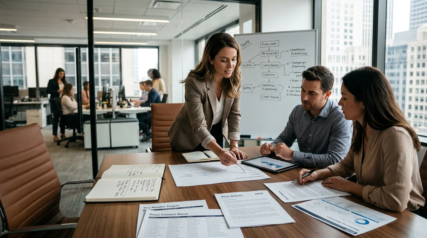 Three people collaborating intently at a table, representing the strategic teamwork of a PR agency