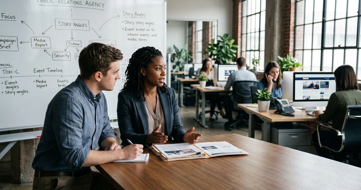 A diverse team collaborates around a table, symbolizing strong public relations teamwork