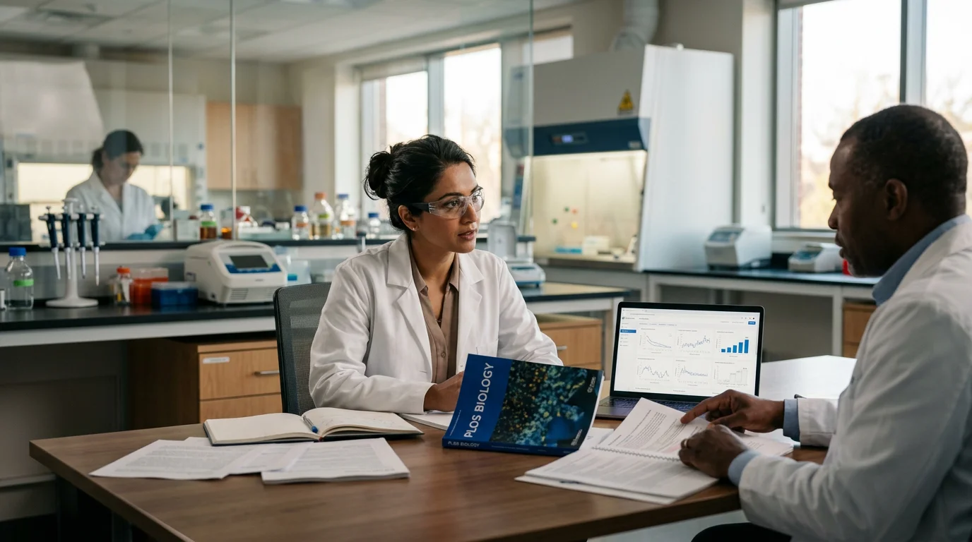 Biotech researcher presenting a scientific poster, illustrating external publication of internal research findings