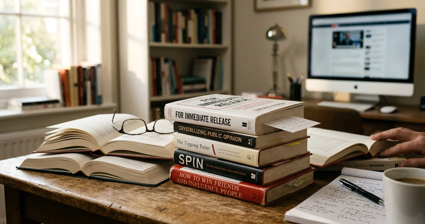 Stack of essential public relations books for aspiring communication professionals