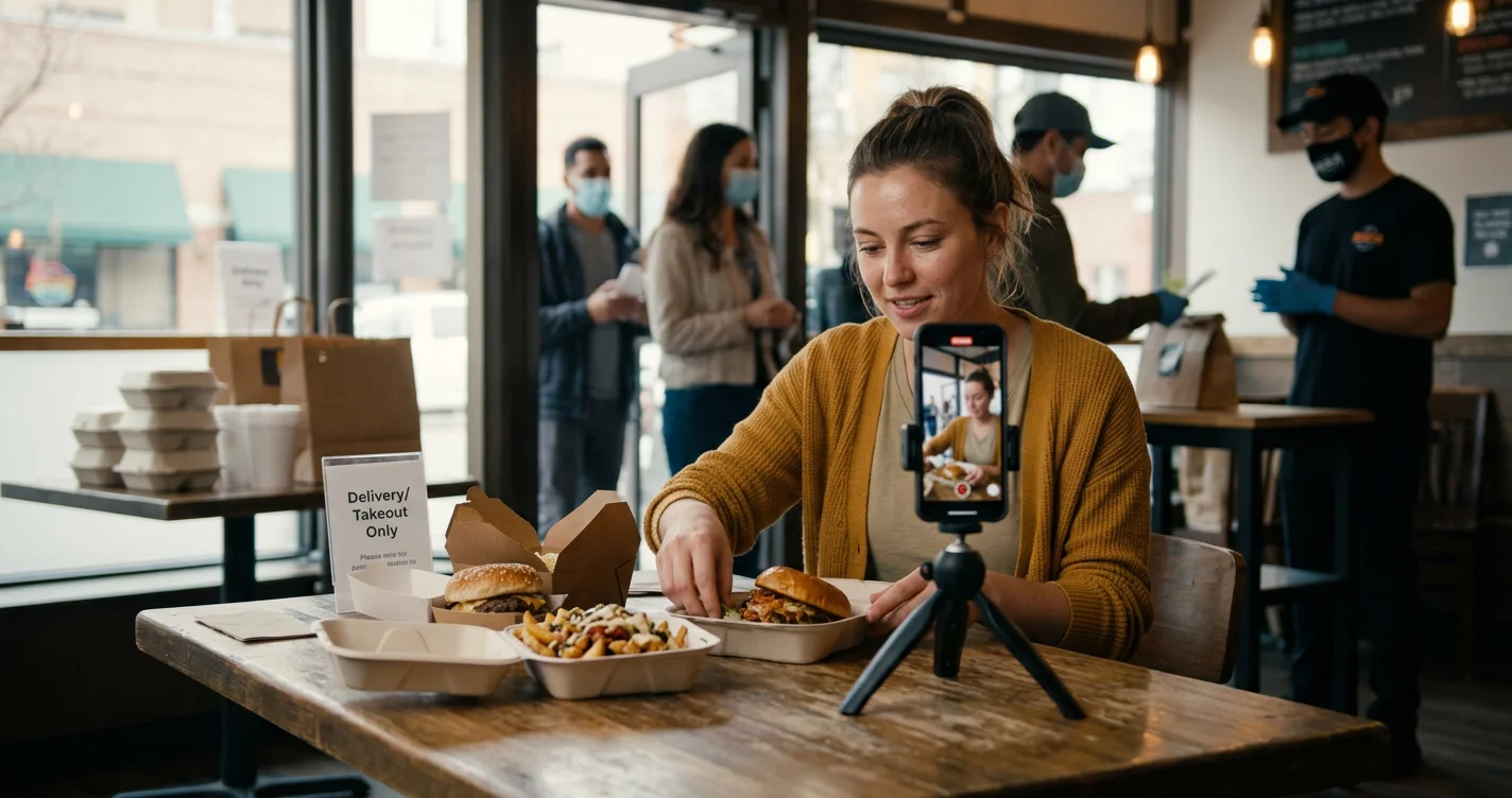 A chef's hand offering a plate to a food photographer, highlighting pandemic promotions