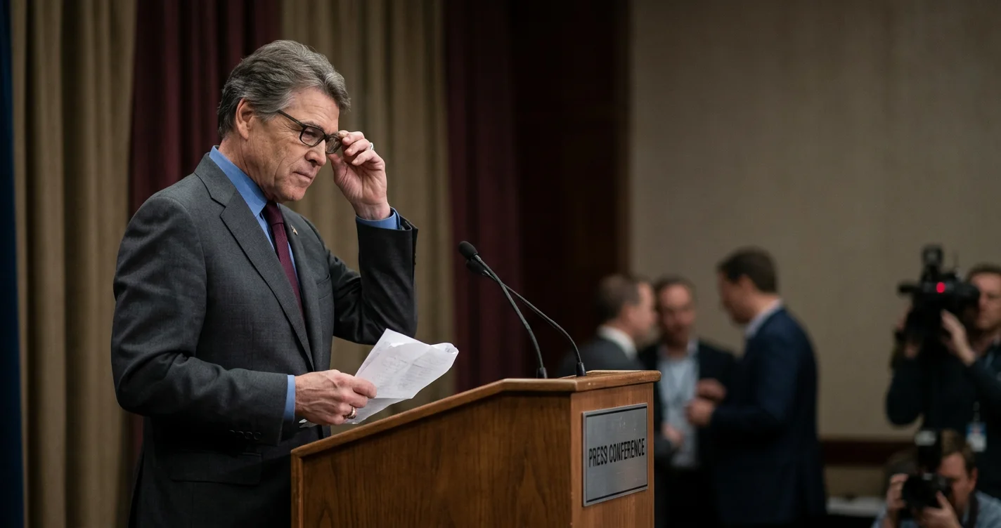 Rick Perry in a suit, speaking into a microphone, discussing his 2016 presidential campaign