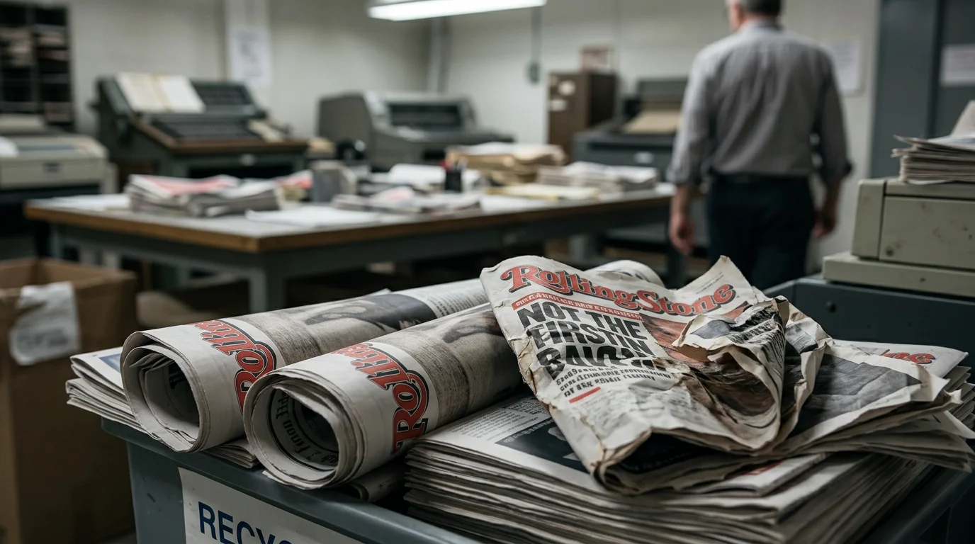 A gavel and blurred legal documents illustrate the Rolling Stone rape story verdict