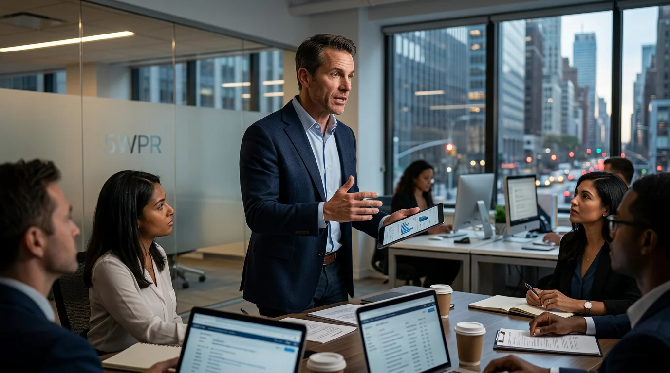 Ronn Torossian, founder and CEO of 5WPR, stands confidently in his bustling New York City office