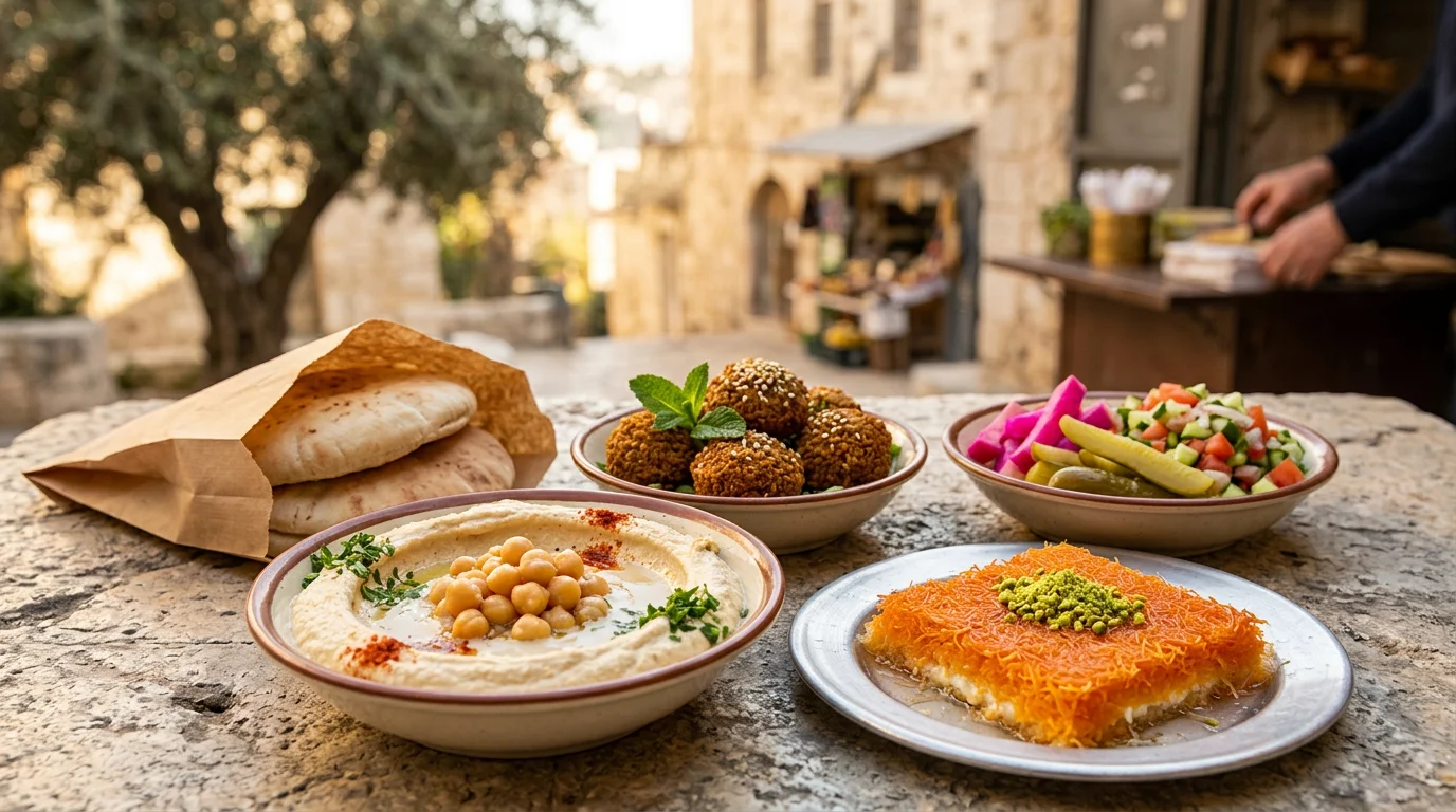 A vibrant spread of Israeli dishes, showcasing the country's rich culinary traditions