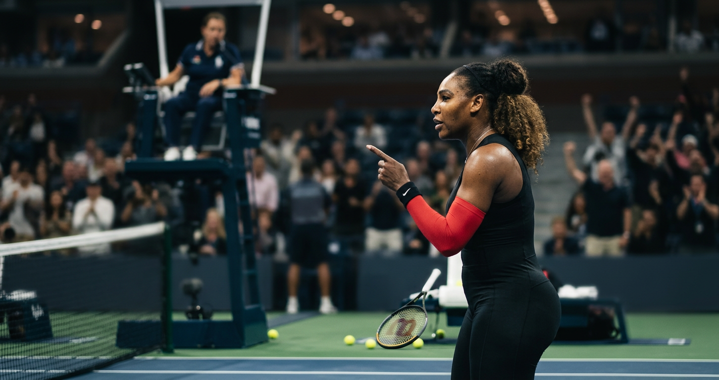 Serena Williams passionately argues with a male umpire during a controversial US Open match
