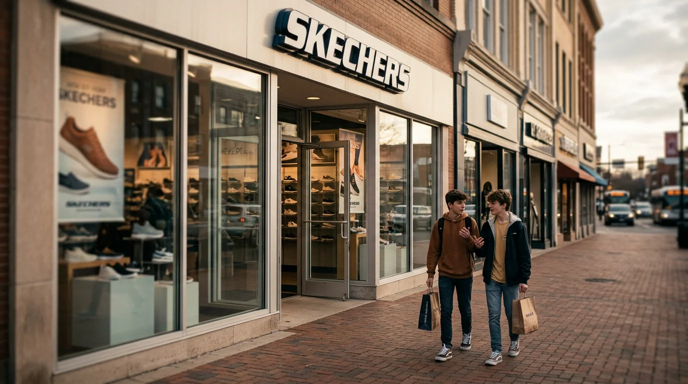 Three pairs of Skechers sneakers are lined up to discuss their lagging sales