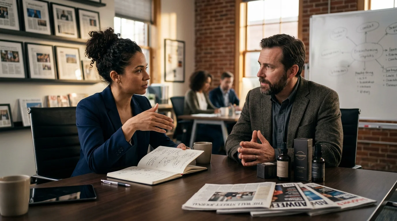 A woman in a business suit points to a bar graph, discussing PR efforts