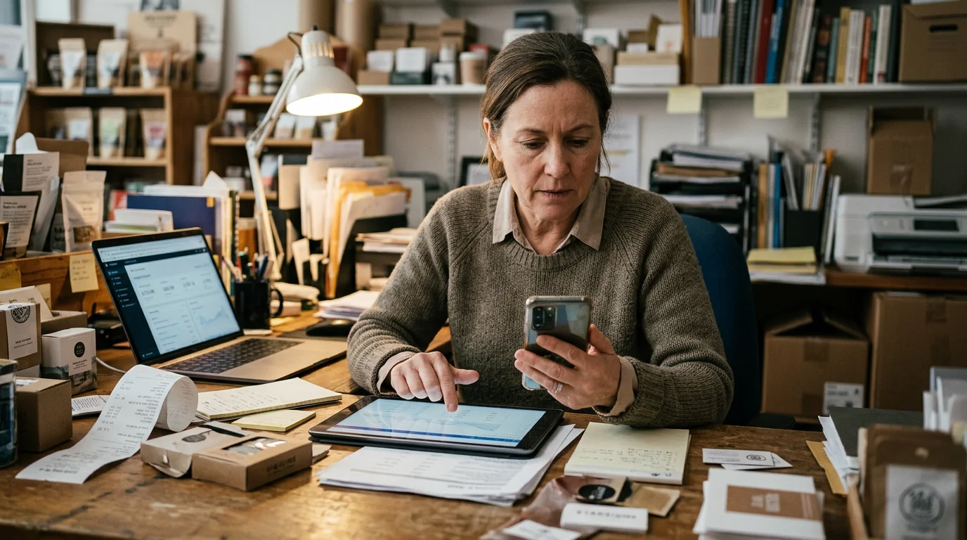Woman smiling while using a tablet at a small business, illustrating social media for growth