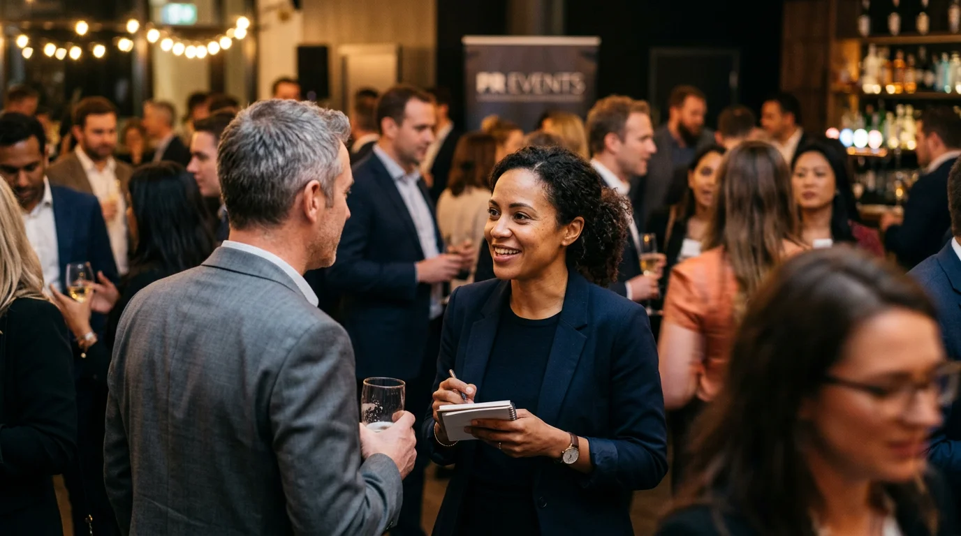 Businessman engaged in a focused conversation with a woman at a networking event