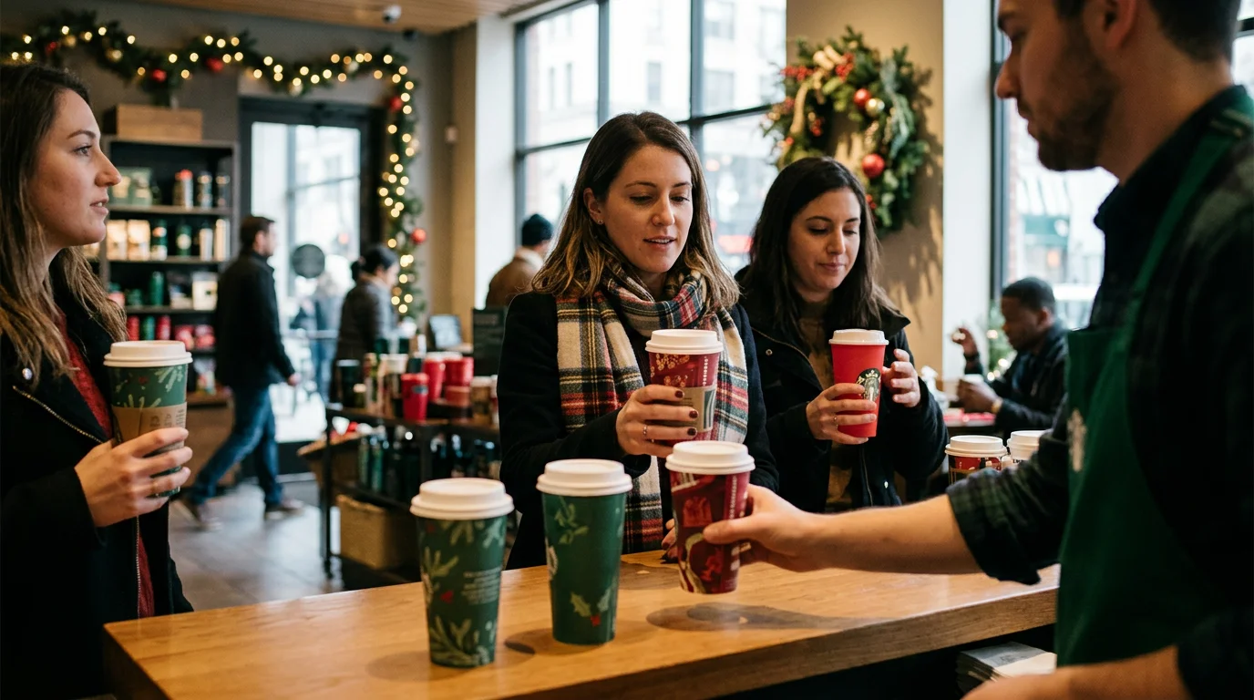Editorial illustration for the article "Starbucks Offers Double Shot of Holiday Cups"