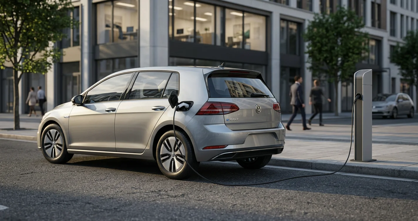 A Volkswagen e-Golf charges at a station, representing subtle, long-term innovation