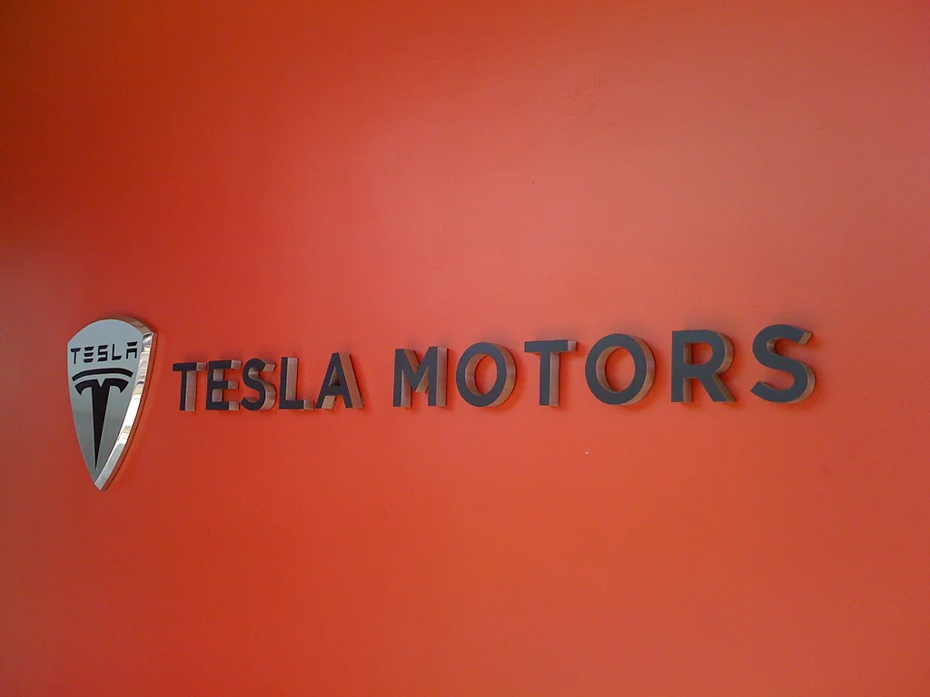 Excited buyers queueing for the new Tesla Model 3 at a dealership preview