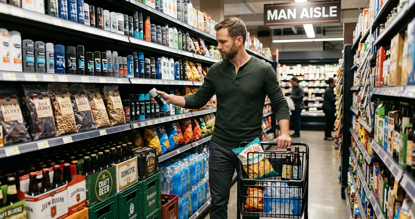 A man stocks shelves in a stylish supermarket aisle, showcasing products for men
