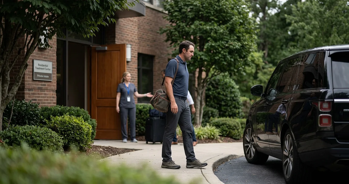 Tiger Woods in a golf cart, reflecting on his struggles and recent pain medication rehab