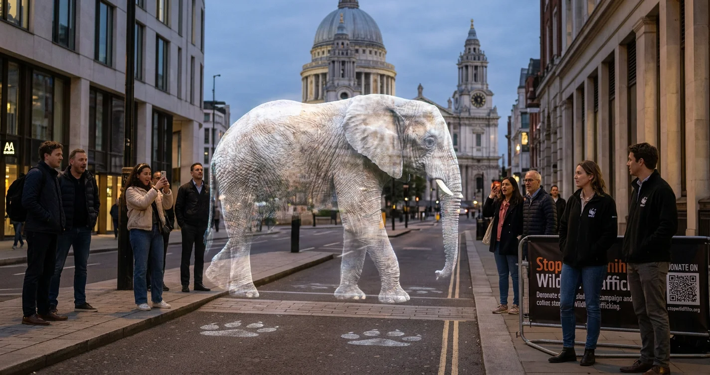 A massive hologram elephant appears before St Paul's Cathedral, highlighting wildlife trafficking