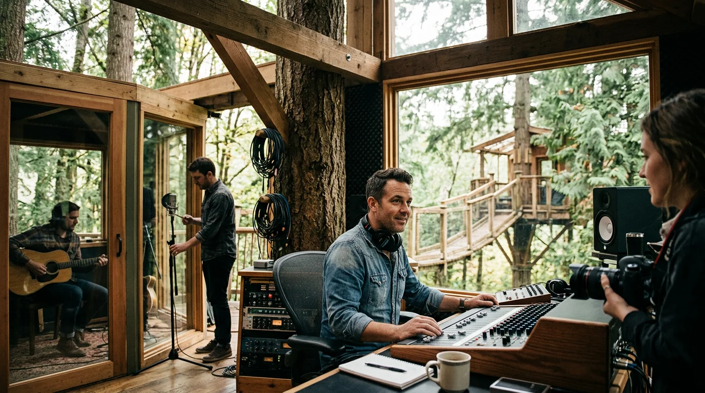 A unique treehouse studio in a lush forest, where music comes alive