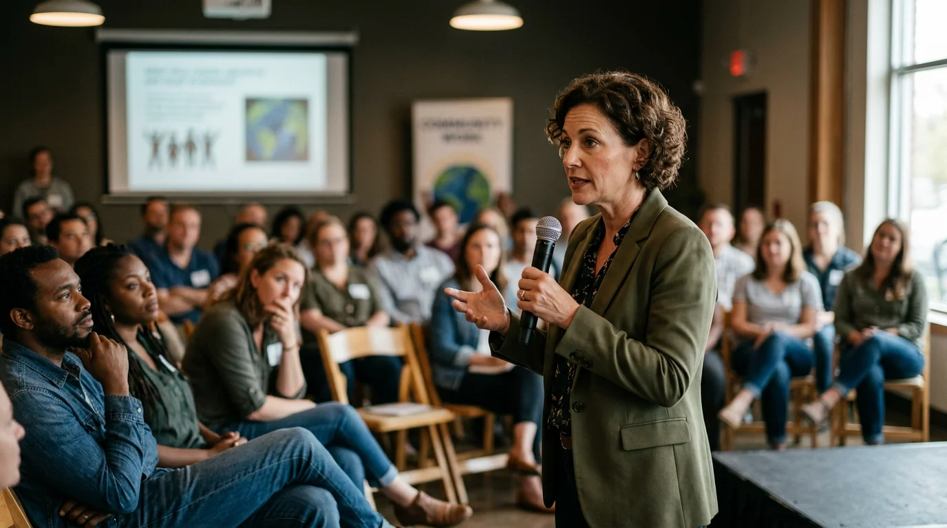A speaker on stage captivating an audience, illustrating effective communication strategies