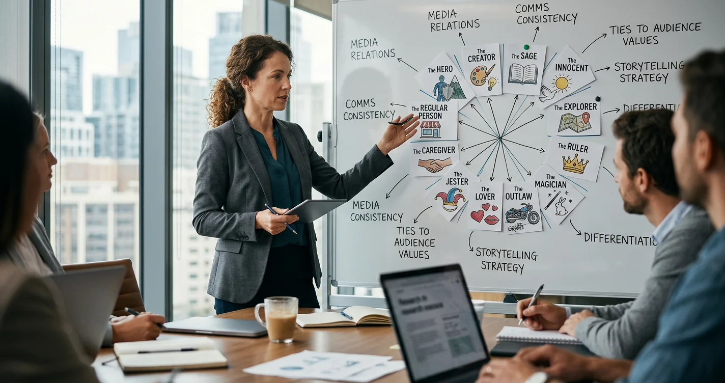 A colorful illustration represents various brand archetypes influencing public relations strategies