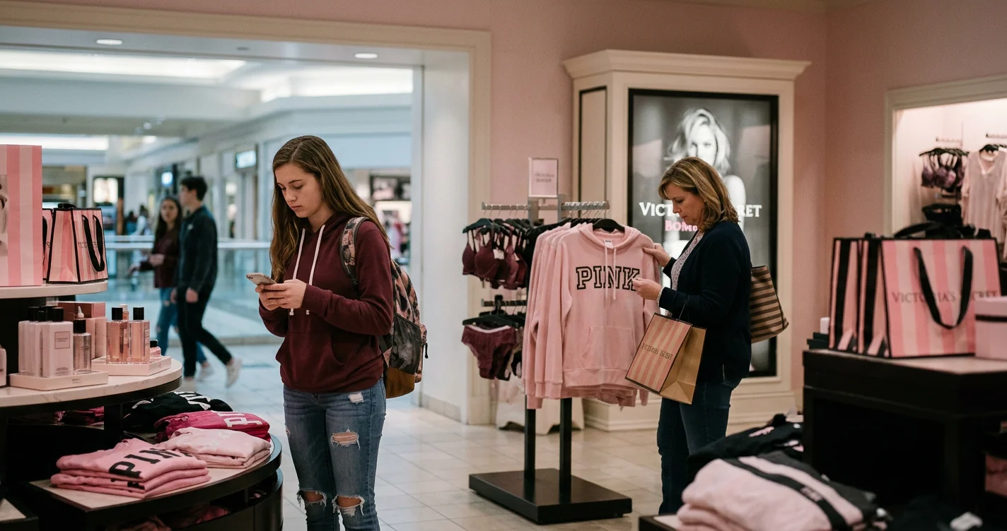 Young women walk past a Victoria's Secret store, highlighting its generational branding issues