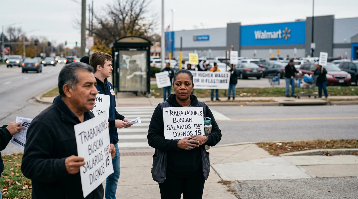 Walmart workers gather outside a store, advocating for fair wages and better working conditions