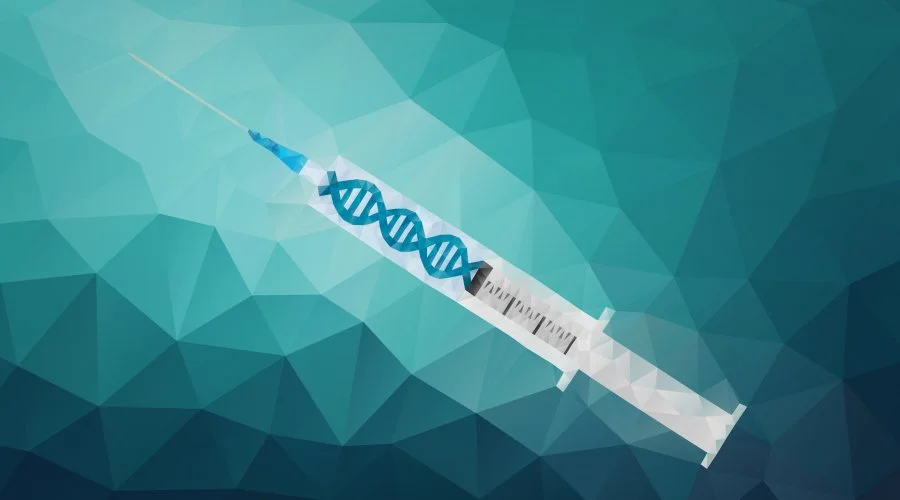 A molecular model of DNA with hands manipulating it, representing gene therapy's future