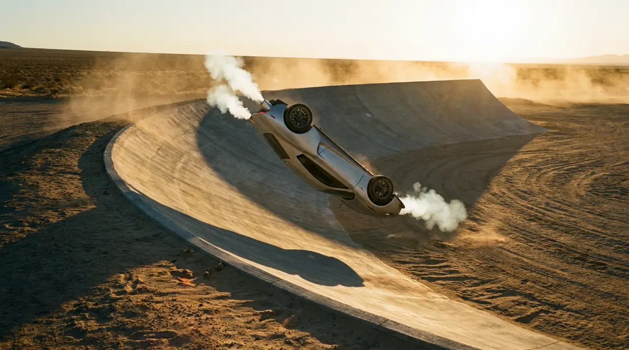 Illustration of a sports car flipping in mid-air above a curved ramp at a test site