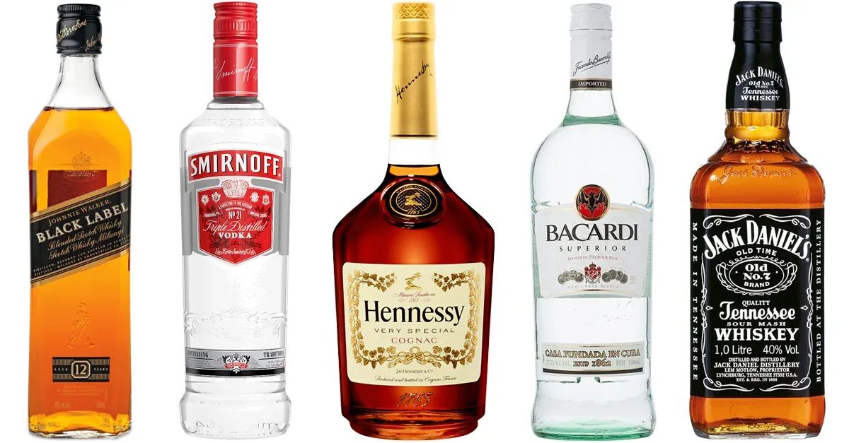 Five different alcohol bottles displayed to showcase strong brand imagery creatively