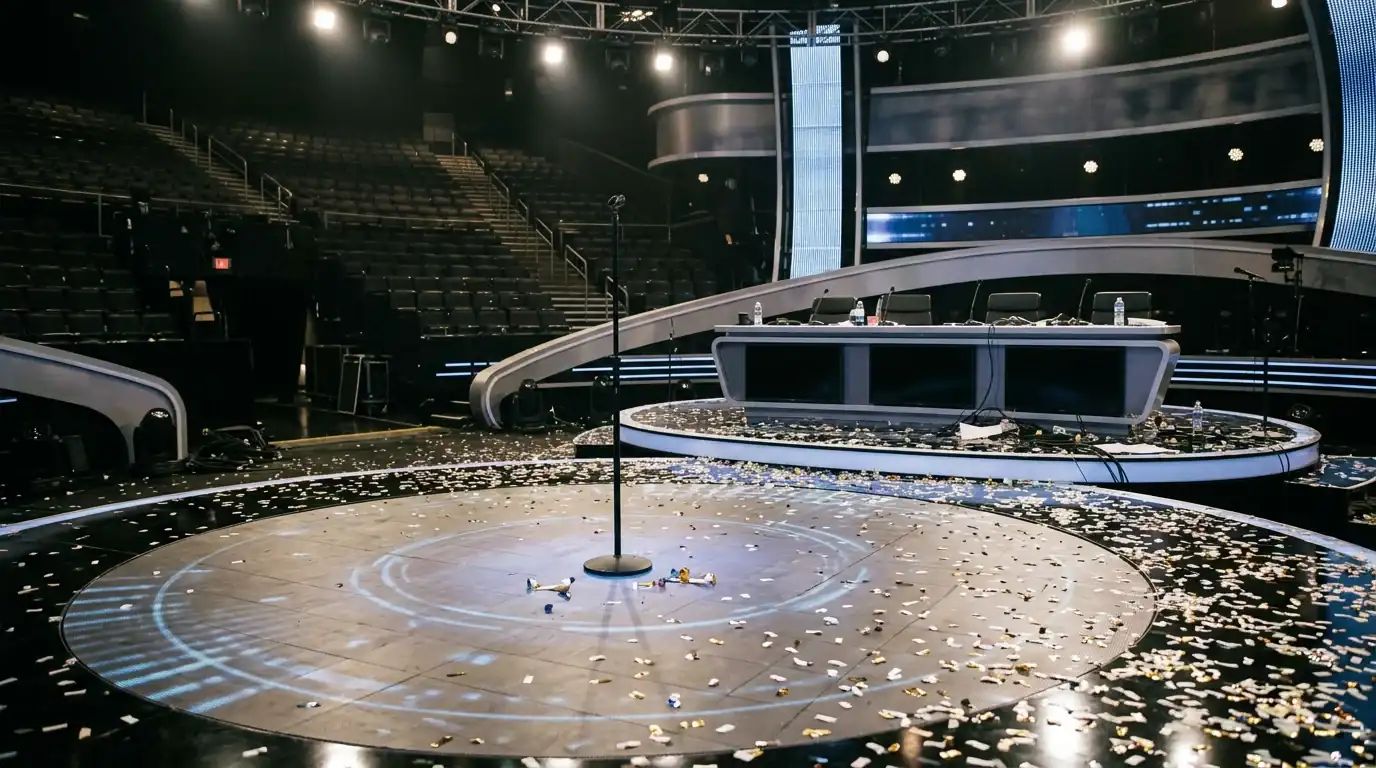 A spotlight shines on an empty stage, symbolizing the end of an American Idol era
