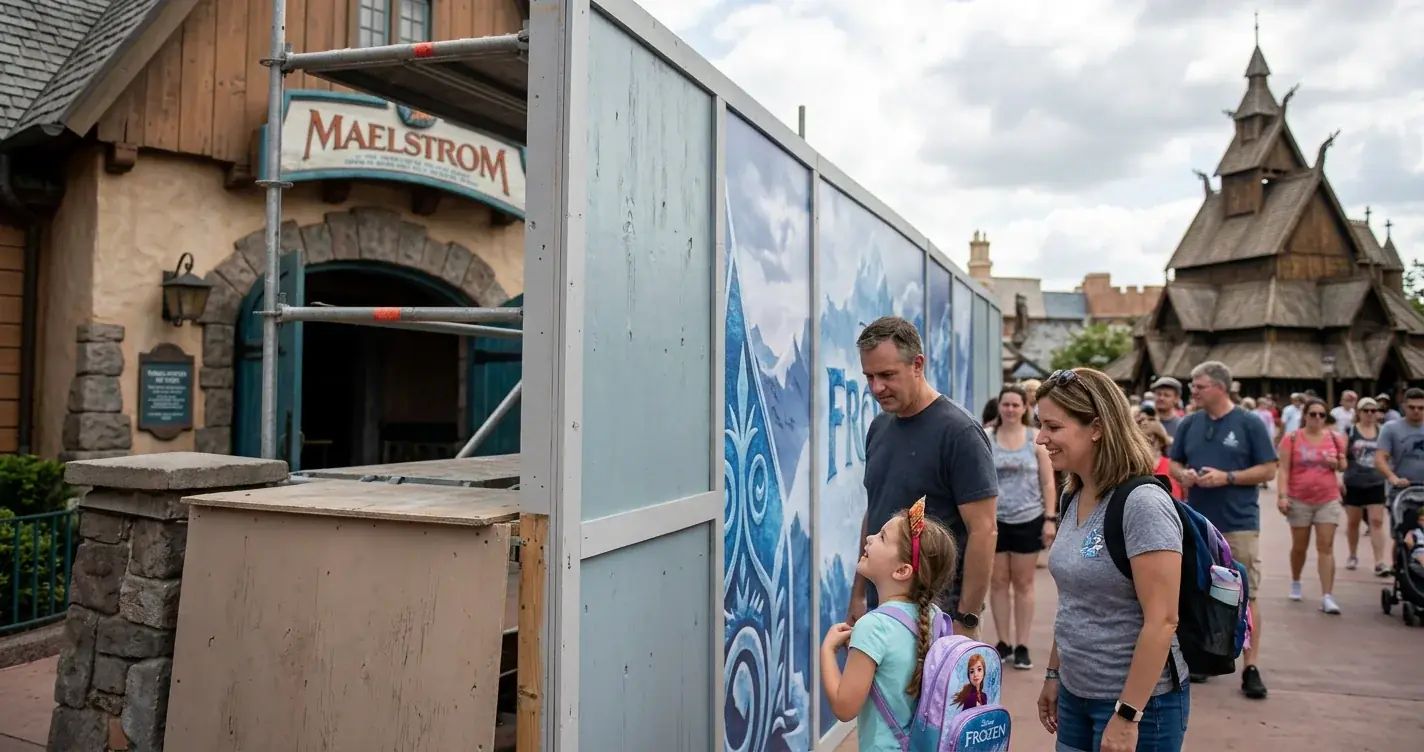 A smiling young girl in a blue dress and a "Frozen" crown at Disney World