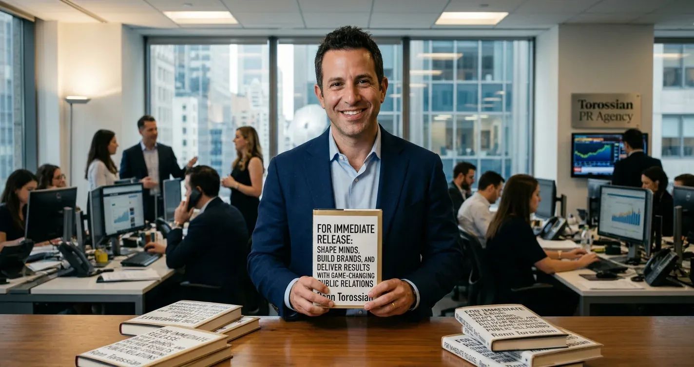 Author Ronn Torossian proudly holds his new public relations book for pre-order