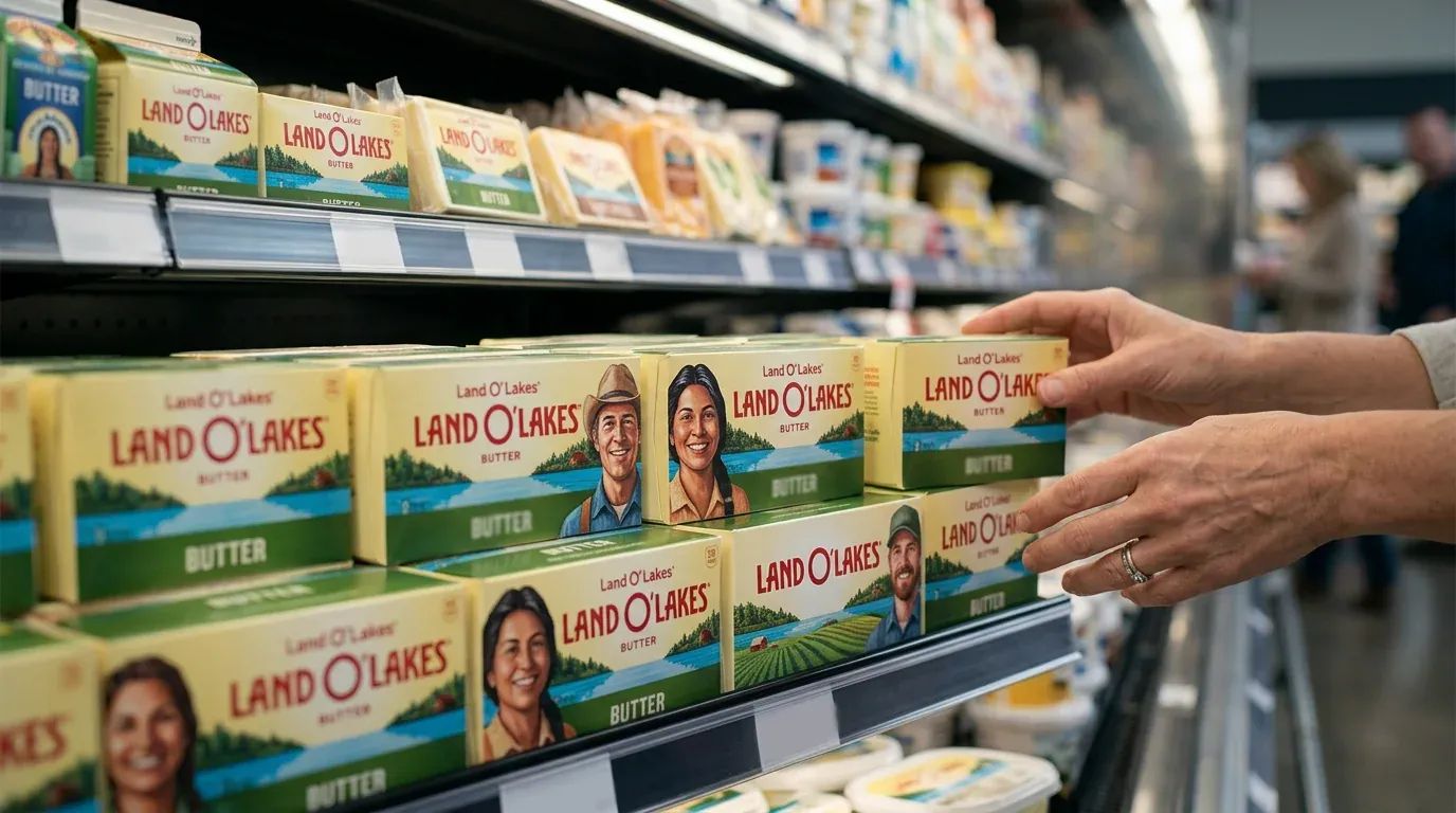 A Land O'Lakes butter package shows the slight rebranding of a popular food product