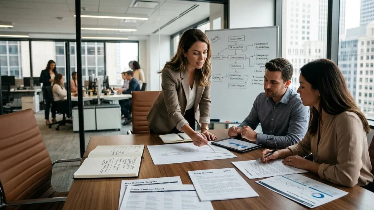 Three people collaborating intently at a table, representing the strategic teamwork of a PR agency