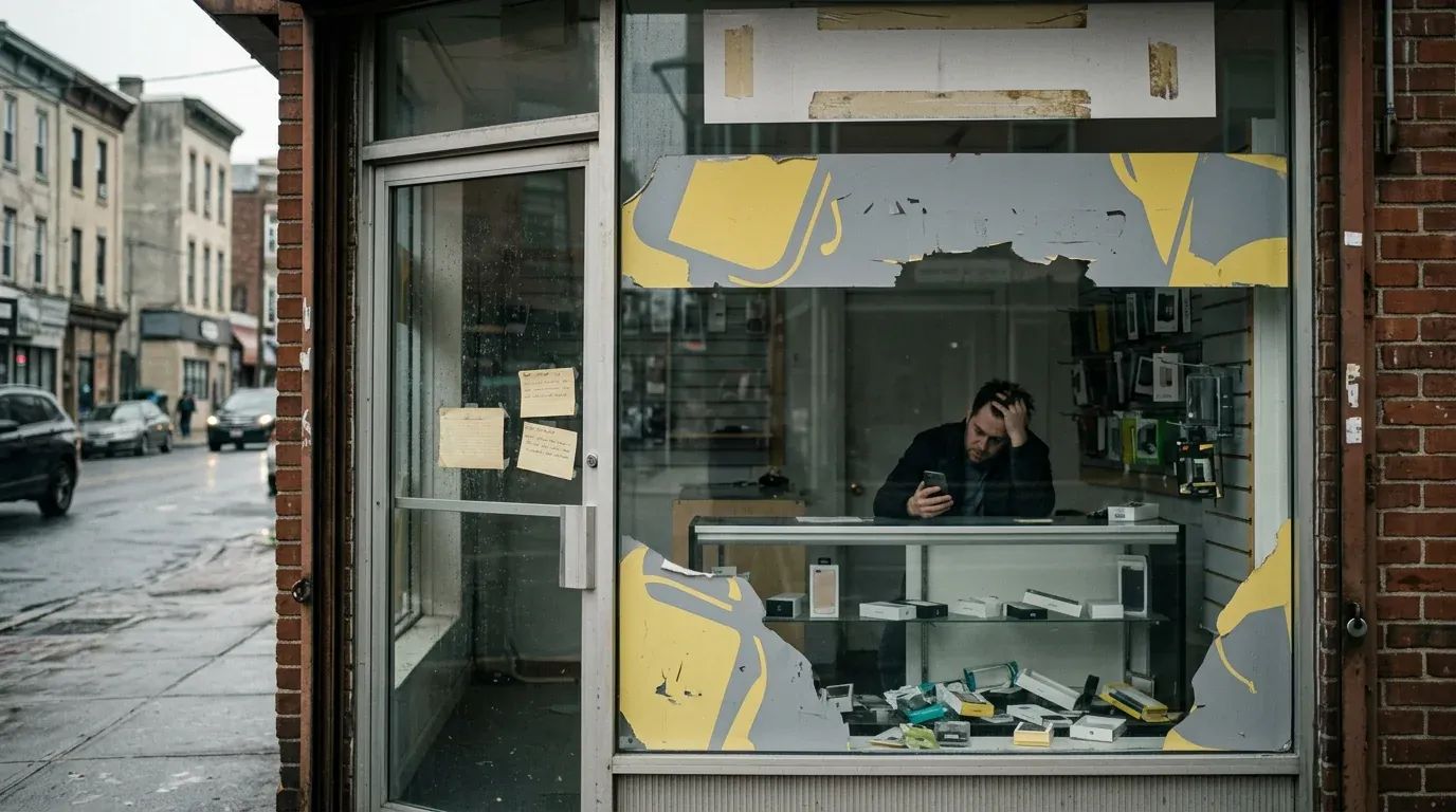 A broken runner on a track, illustrating Sprint's struggle as T-Mobile gains ground