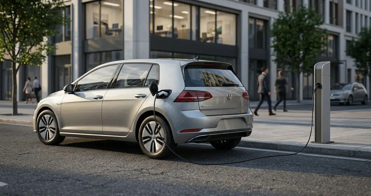 A Volkswagen e-Golf charges at a station, representing subtle, long-term innovation