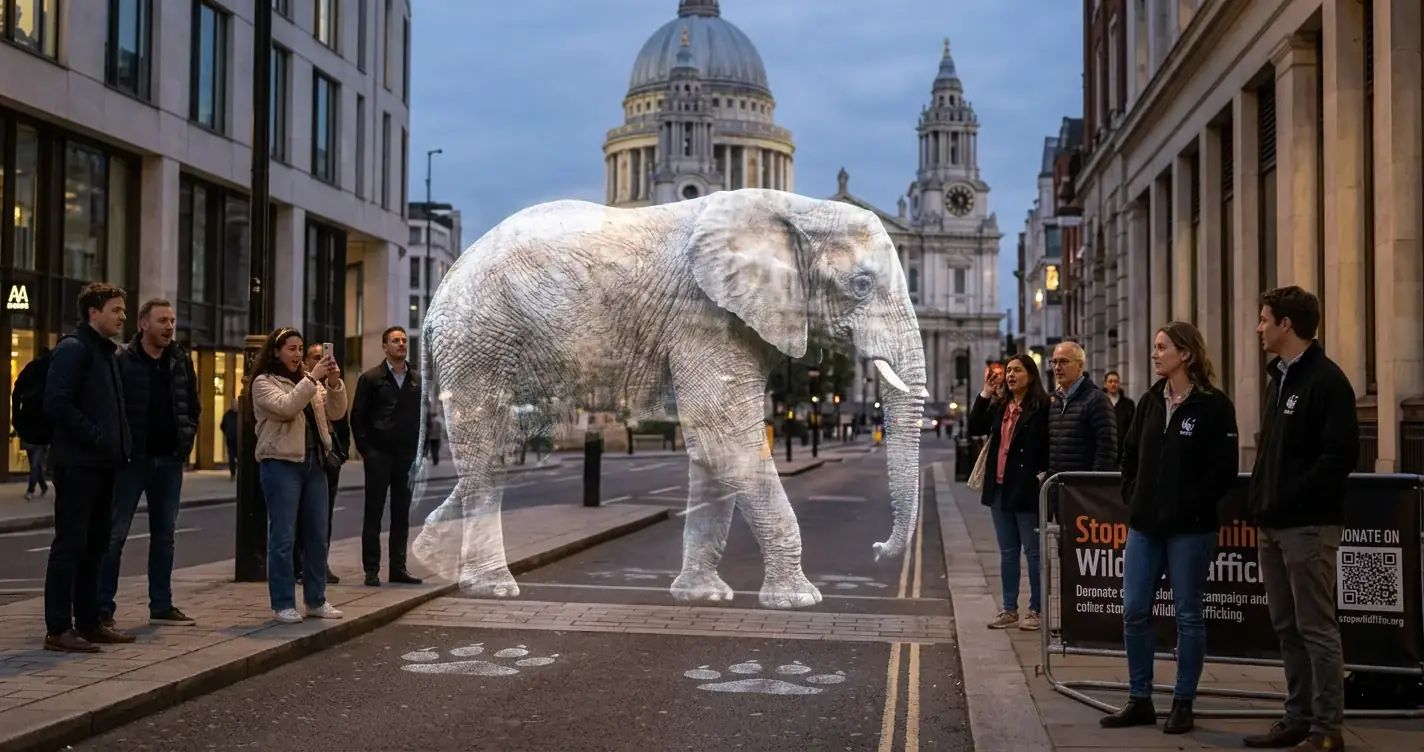 A massive hologram elephant appears before St Paul's Cathedral, highlighting wildlife trafficking