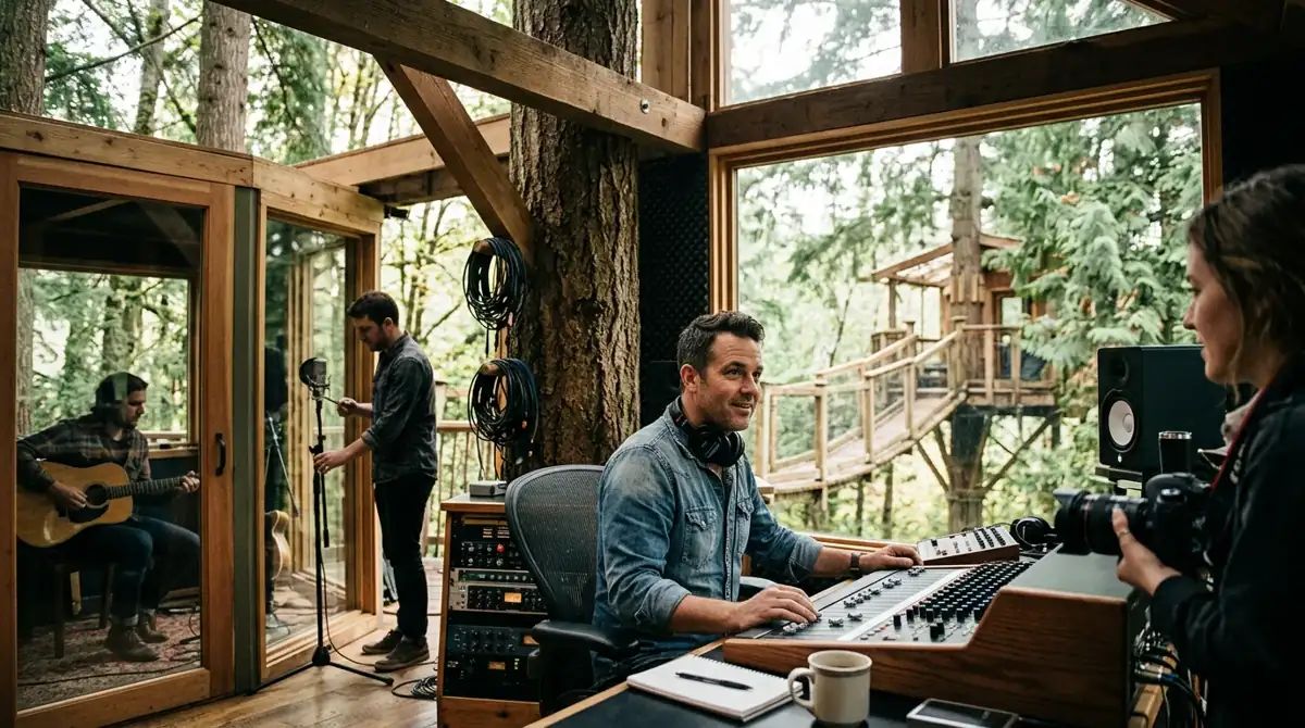 A unique treehouse studio in a lush forest, where music comes alive