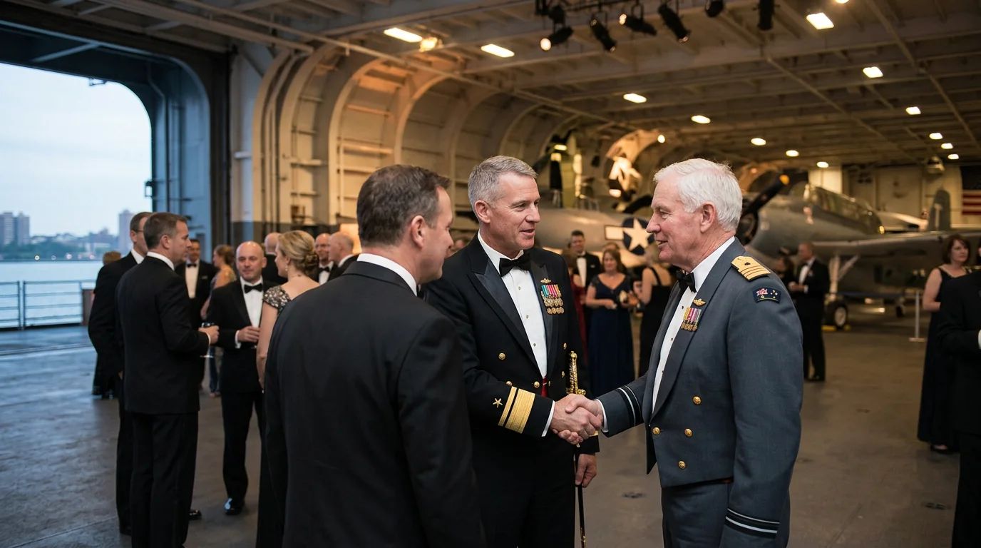 Elegant dinner guests at the annual Coral Sea Gala, aboard the historic USS Intrepid