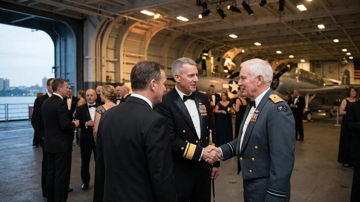 Elegant dinner guests at the annual Coral Sea Gala, aboard the historic USS Intrepid