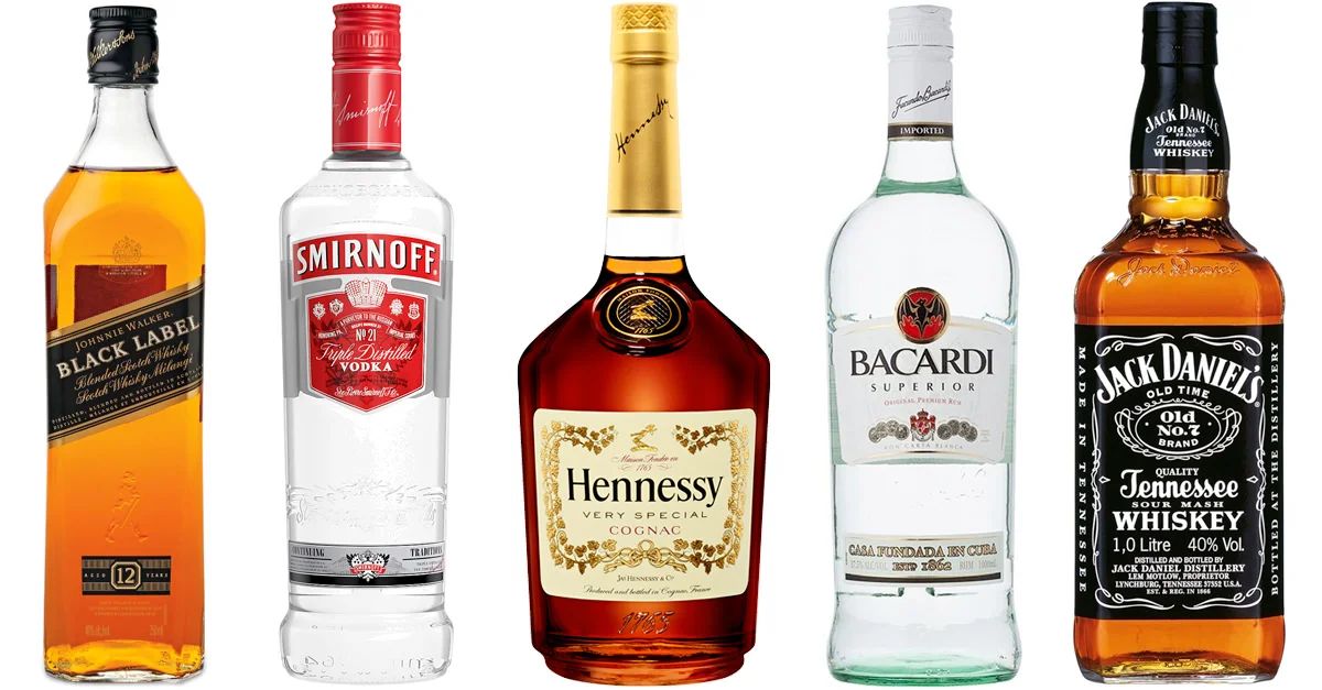 Five different alcohol bottles displayed to showcase strong brand imagery creatively
