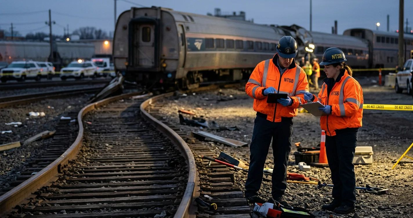 Derailing train cars, a blurry image, reflecting Amtrak's damaged reputation and crisis