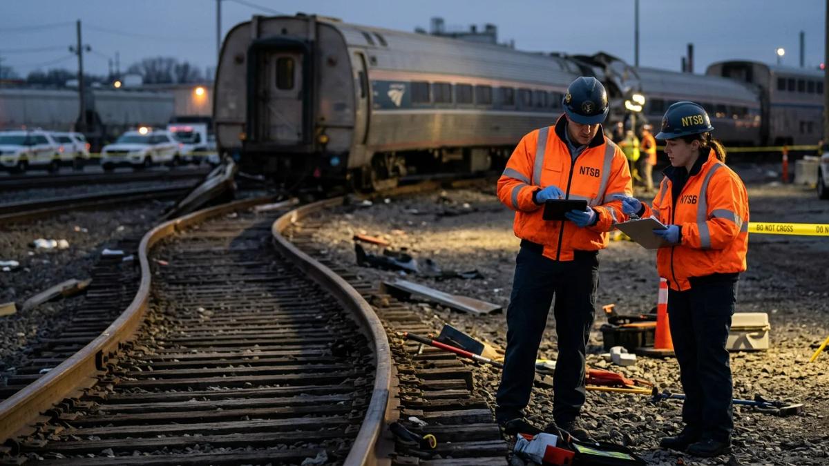 Derailing train cars, a blurry image, reflecting Amtrak's damaged reputation and crisis