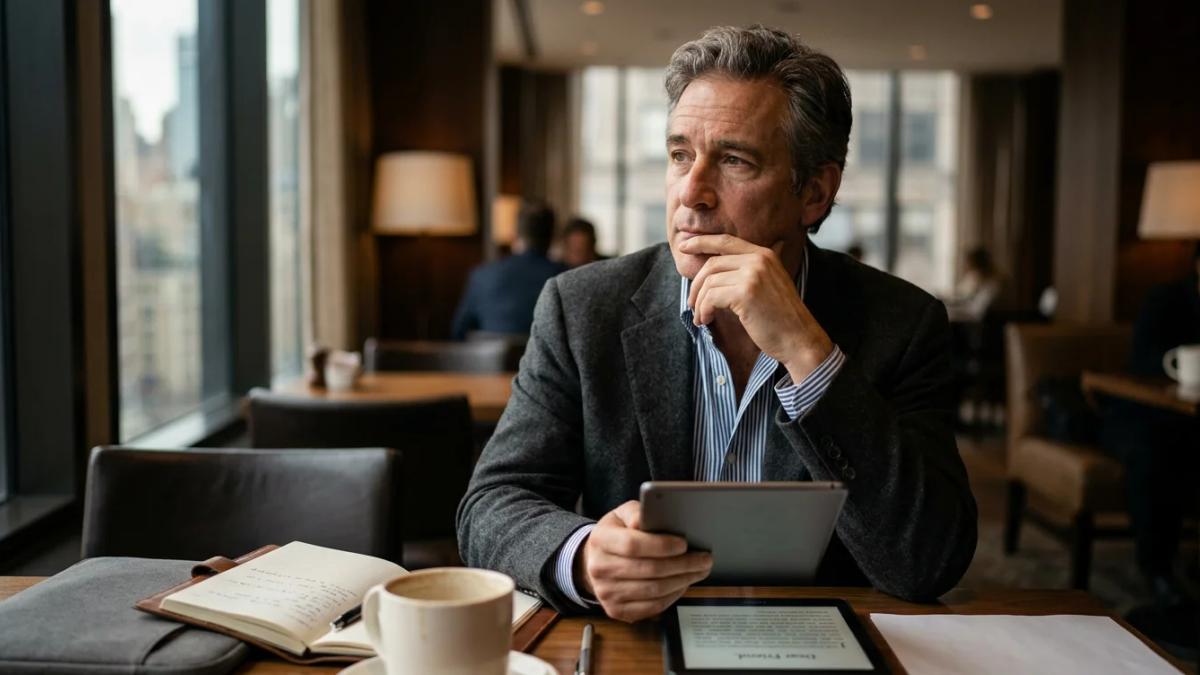 Businessman gazing at city lights, reflecting on an entrepreneur's passionate journey and spirit