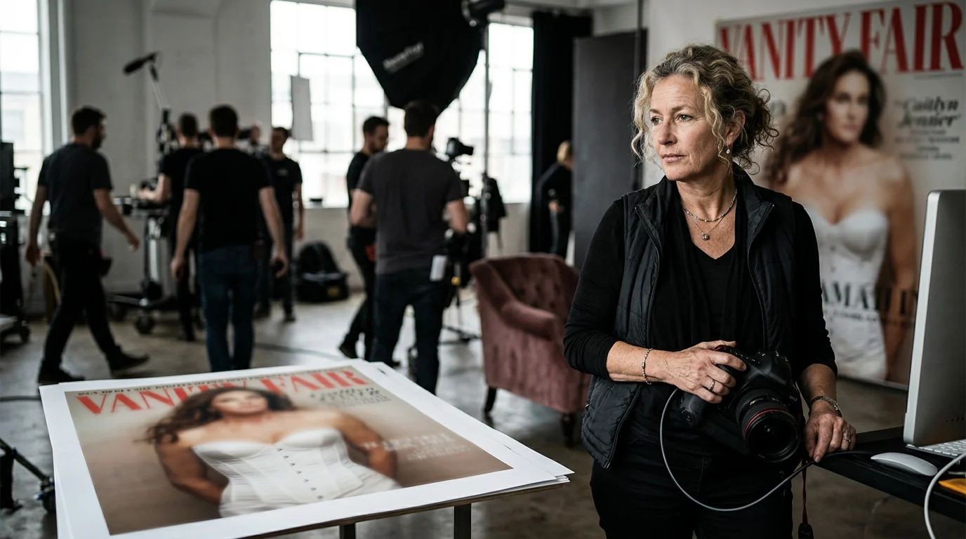 Annie Leibovitz behind a camera, capturing a moment of celebrity for her photography portfolio