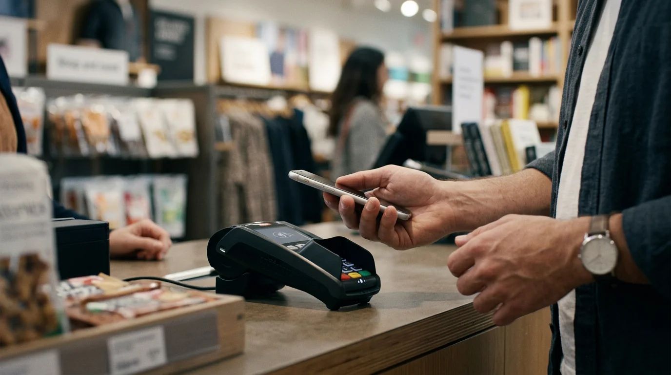 A hand holding an iPhone, ready to tap and make a purchase
