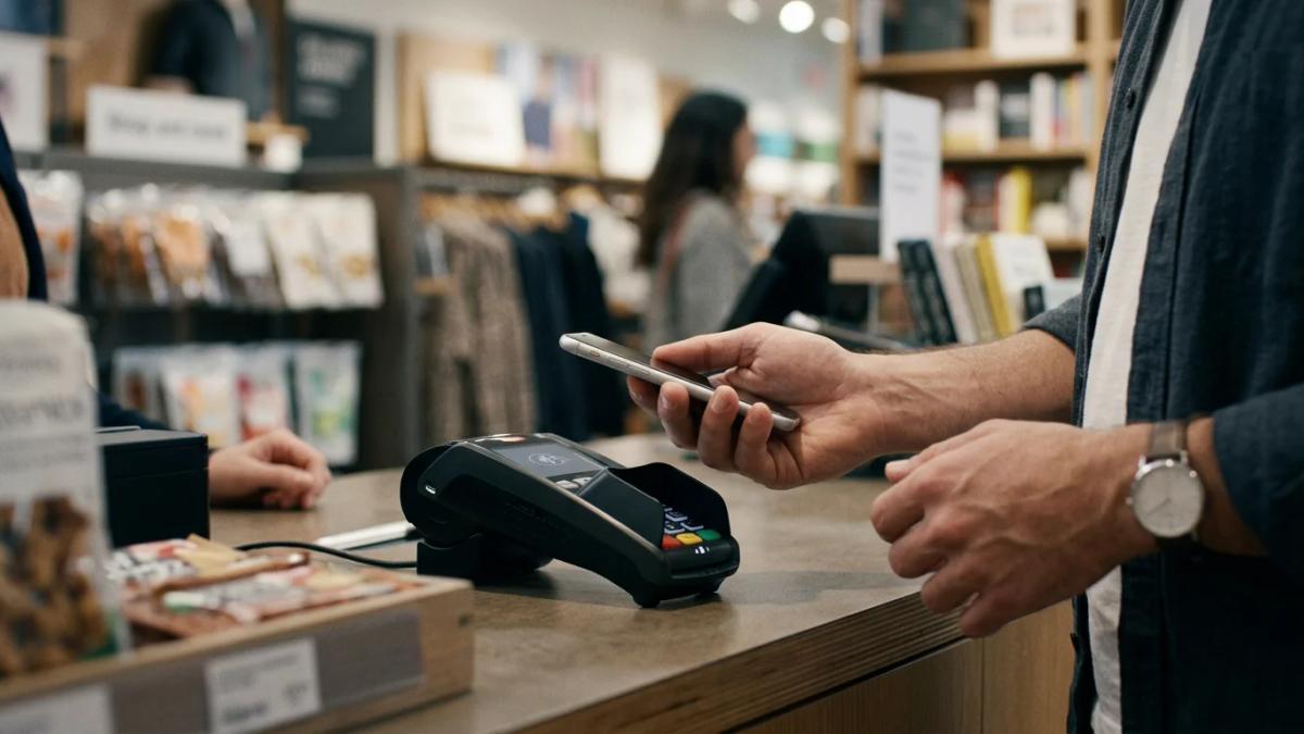 A hand holding an iPhone, ready to tap and make a purchase