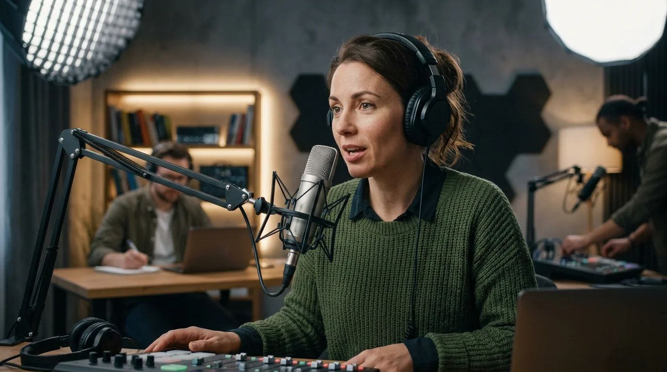 A person in headphones records a podcast, highlighting its value as a marketing tool