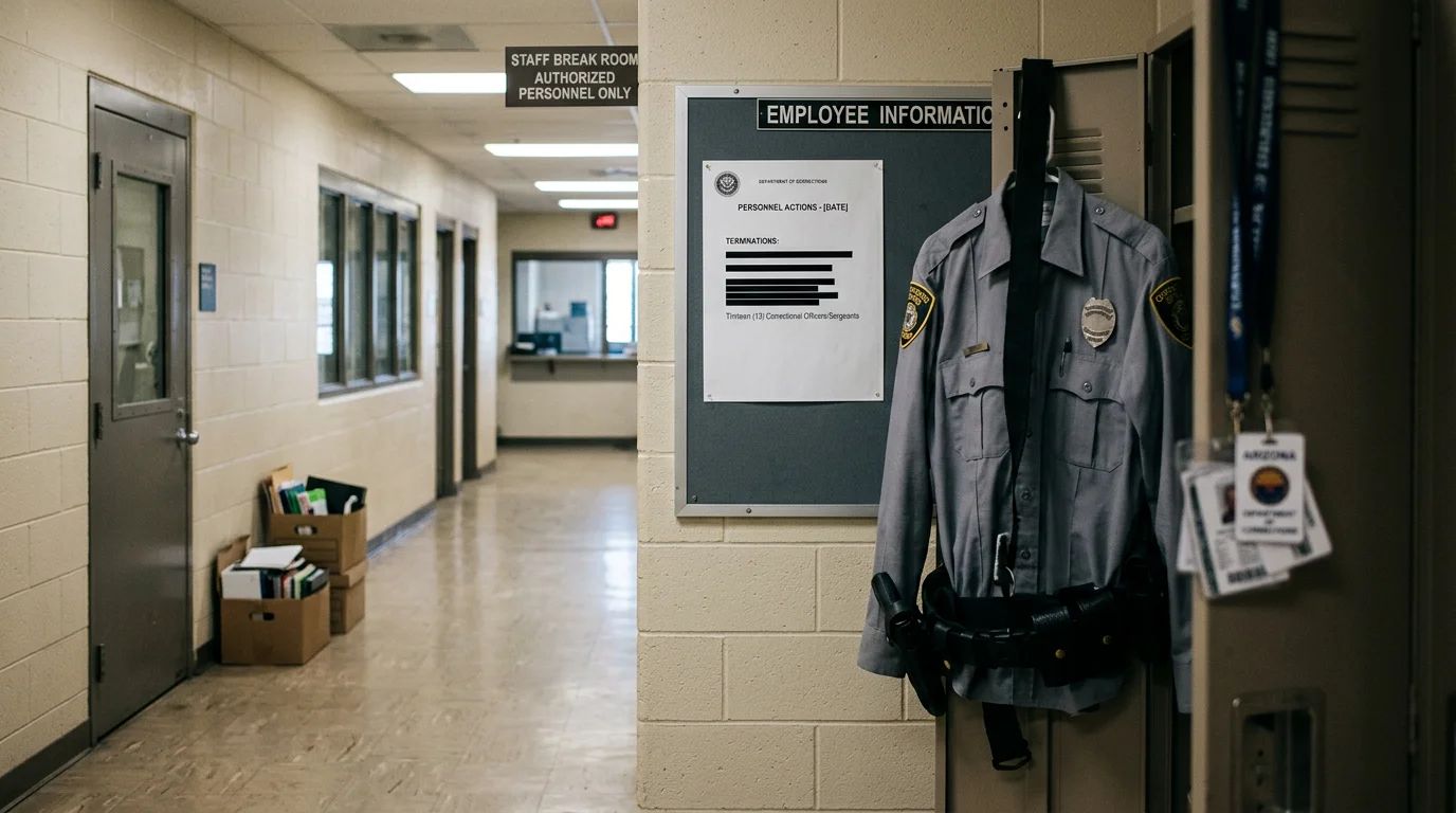 Prison cell's barred door and window, representing correctional officers' firings after inmate suicides